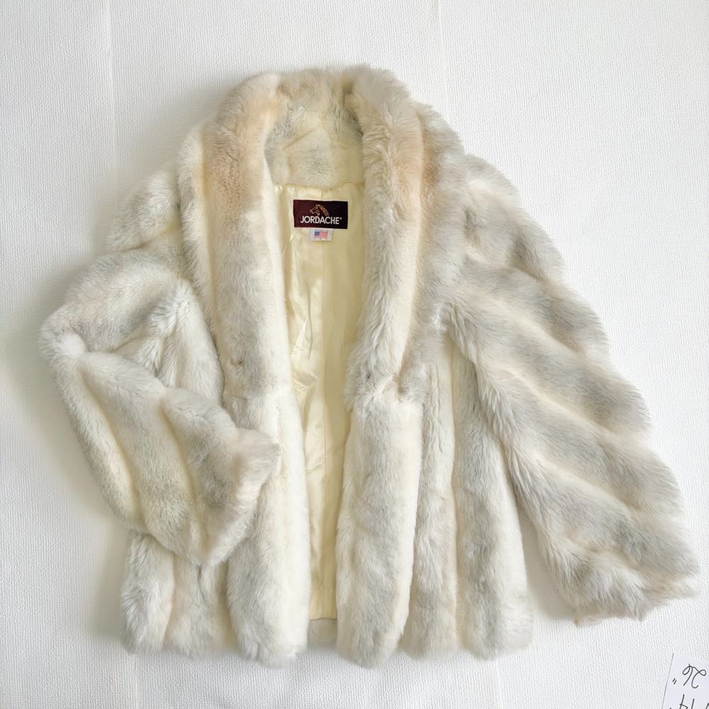 Jordache Vintage Faux Fur Jacket Striped Winter Coat Size 5/6 Cream Grey